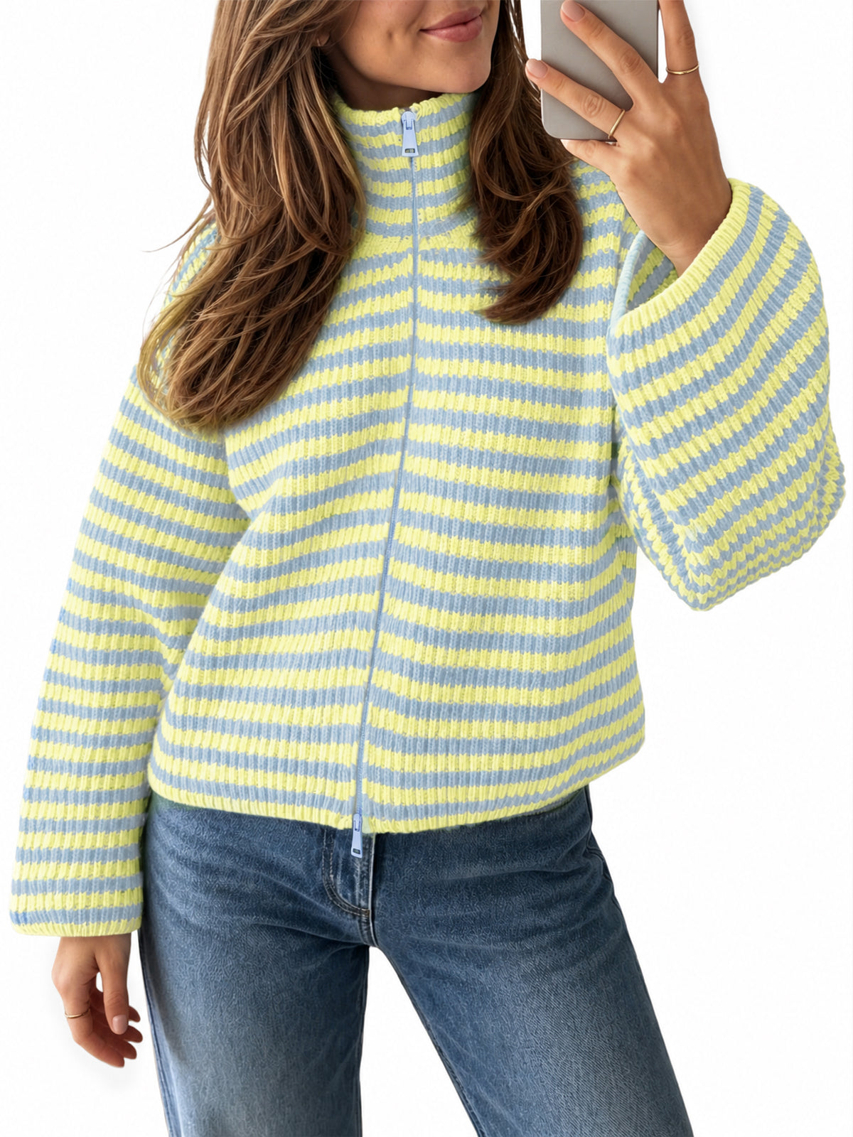 usvara Womens Striped Zip Knit Cardigan