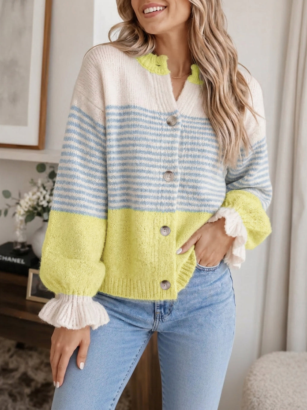 usvara Womens Striped Ruffle Sleeve Cardigan Coats