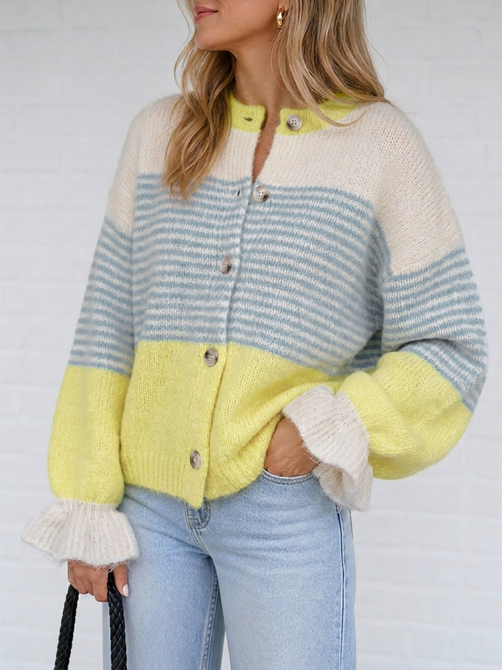 usvara Womens Striped Ruffle Sleeve Cardigan Coats