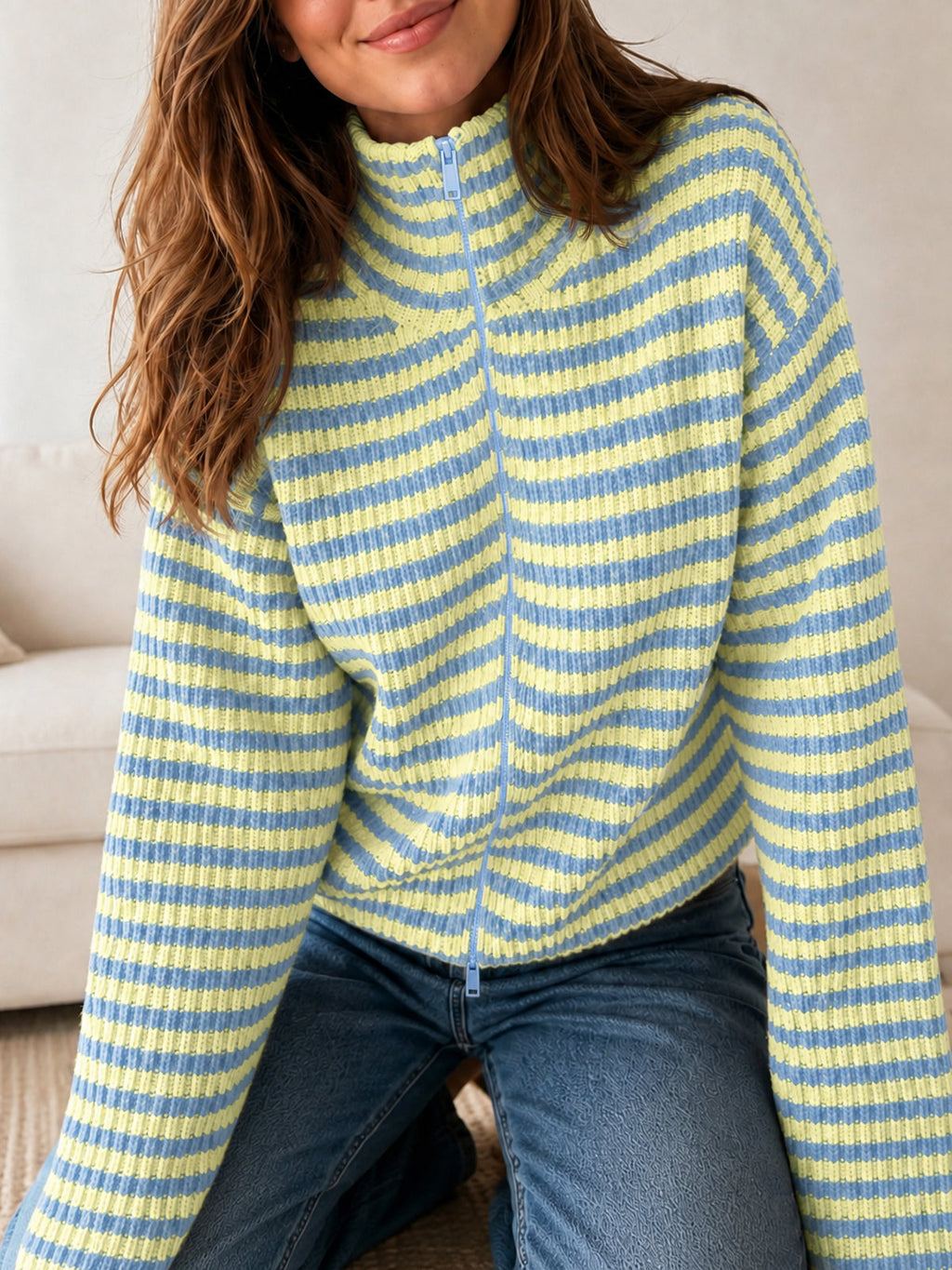 usvara Womens Striped Zip Knit Cardigan