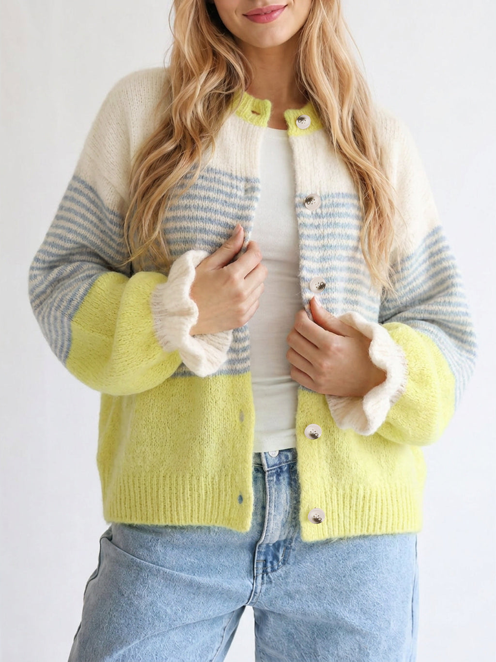 usvara Womens Striped Ruffle Sleeve Cardigan Coats