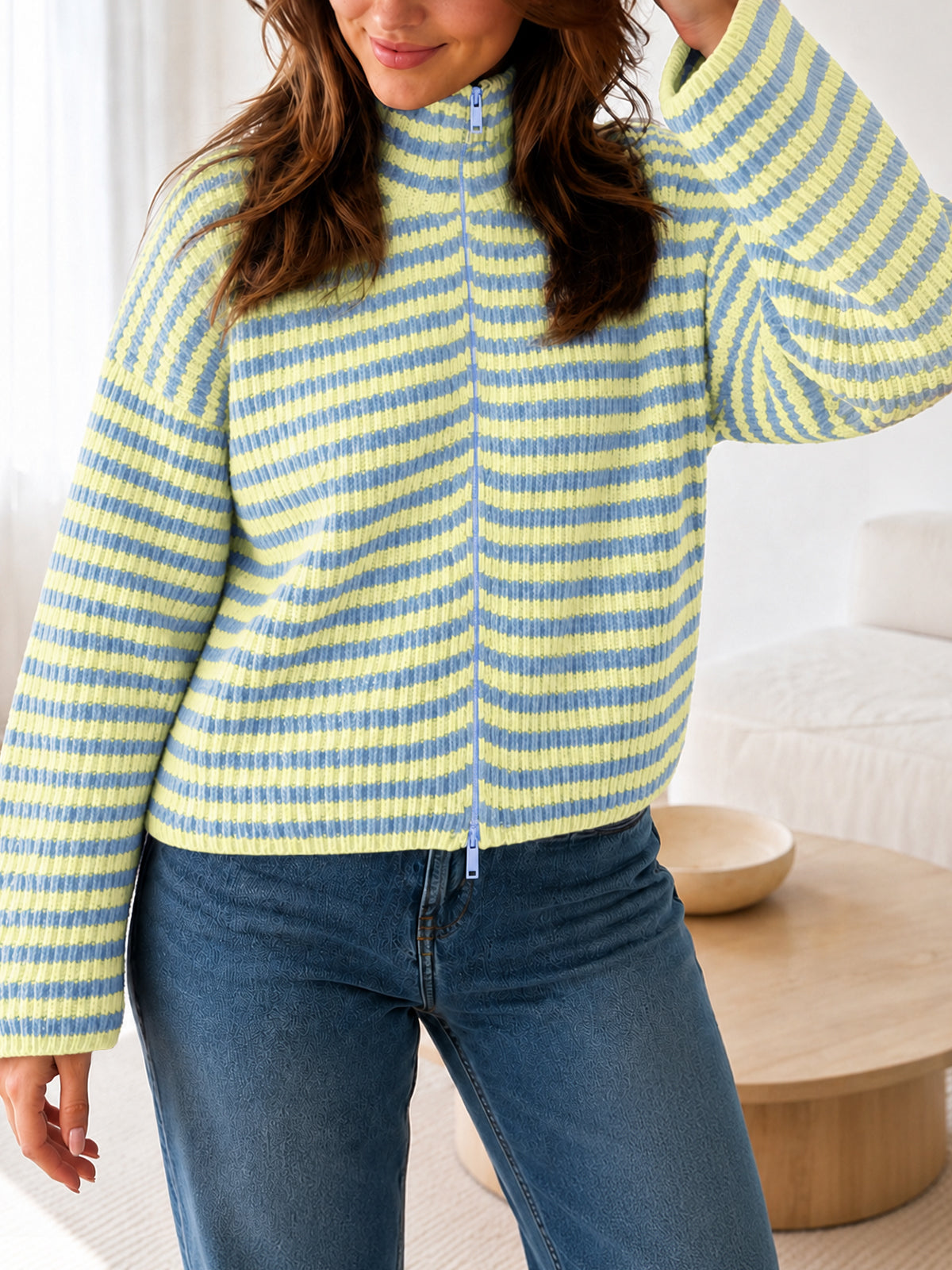 usvara Womens Striped Zip Knit Cardigan