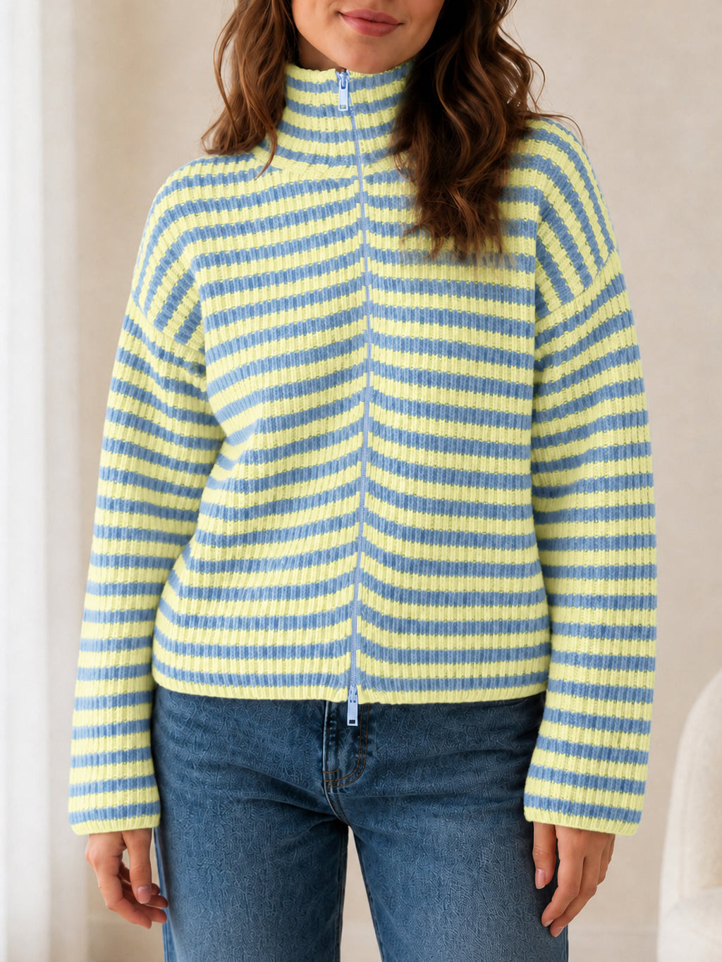 usvara Womens Striped Zip Knit Cardigan