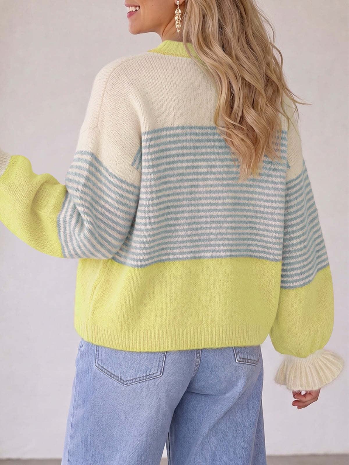 usvara Womens Striped Ruffle Sleeve Cardigan Coats