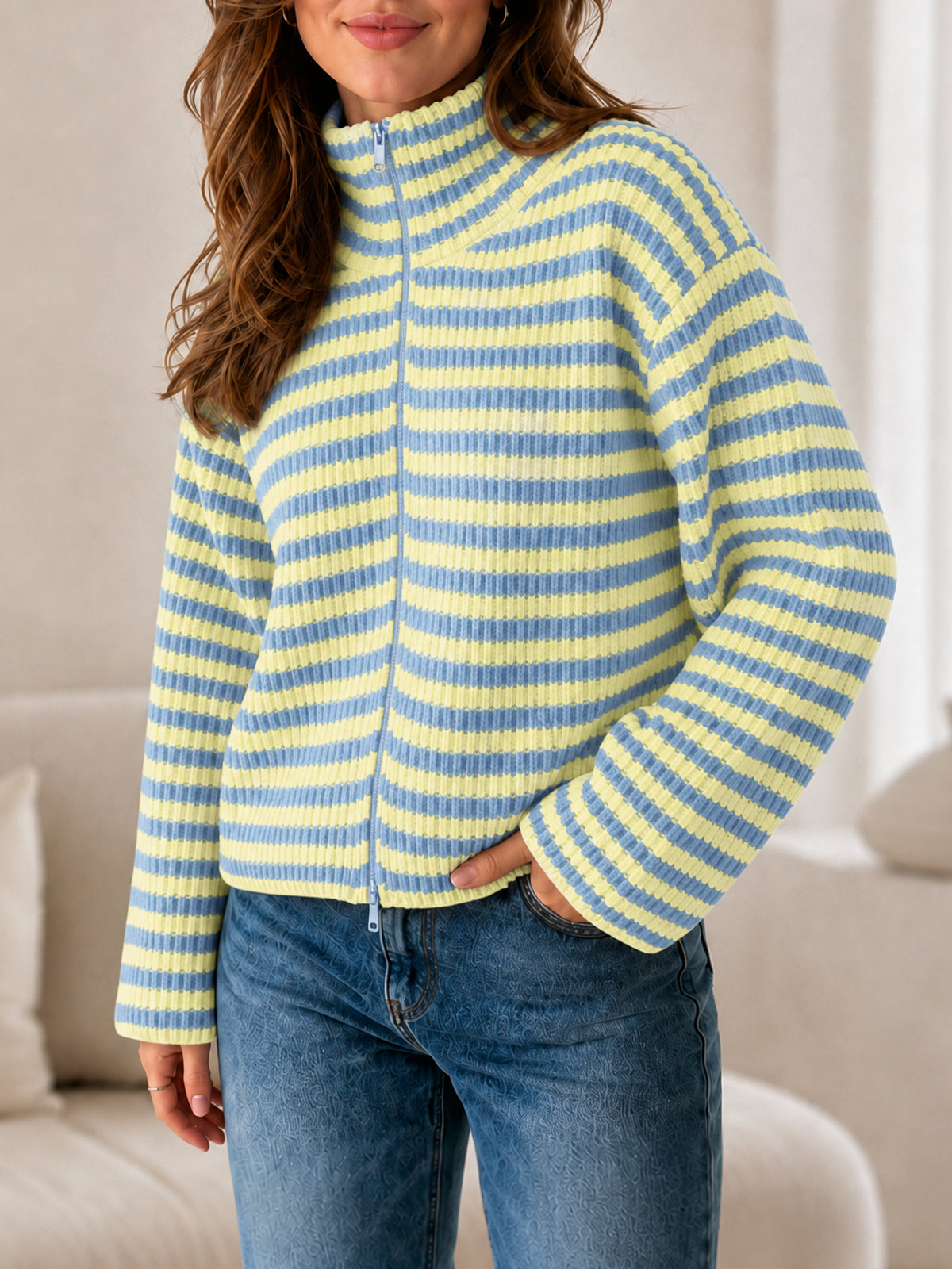 usvara Womens Striped Zip Knit Cardigan
