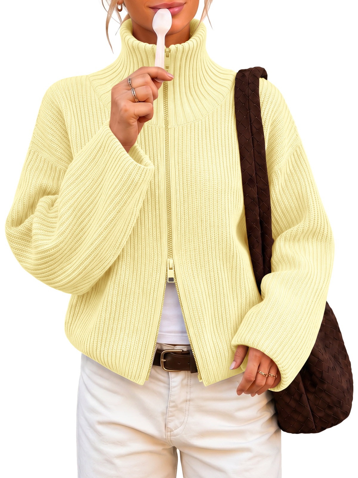 usvara Women Zip Up Chunky Knit Sweater