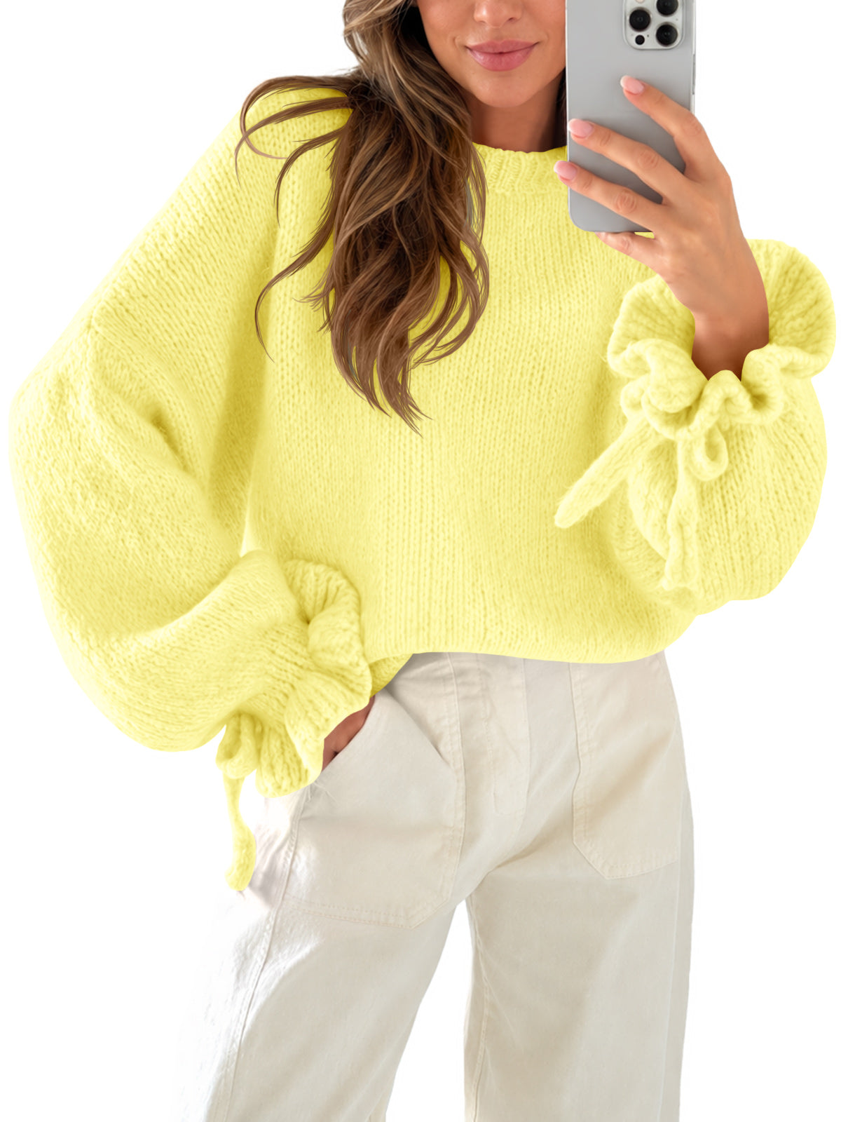 usvara Women Ruffle Long Sleeve Knit Sweater