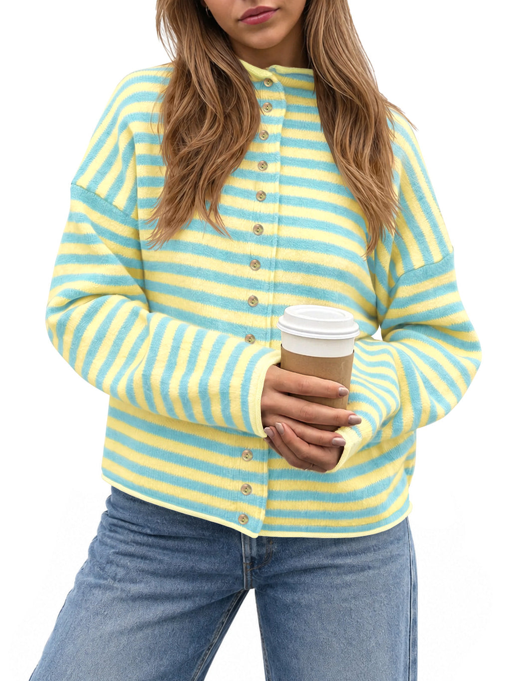usvara Womens Striped Mock Neck Cardigan