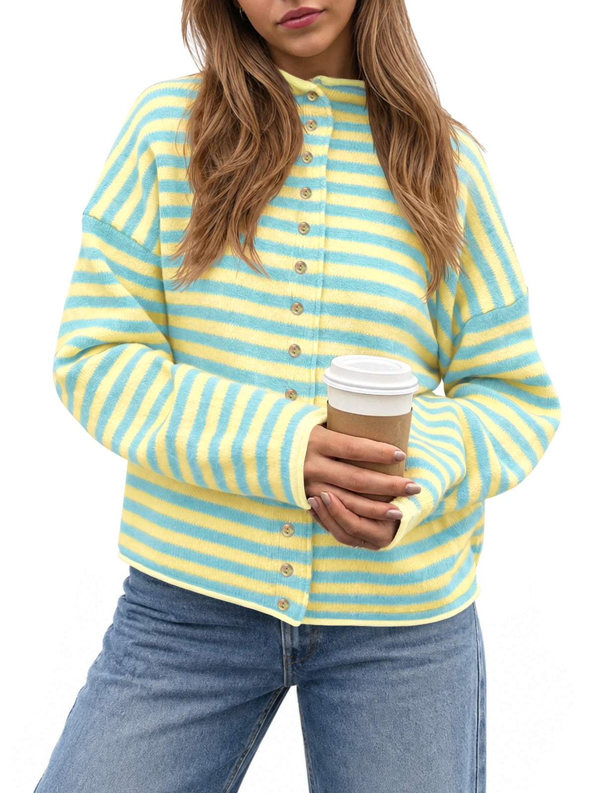 usvara Womens Striped Mock Neck Cardigan