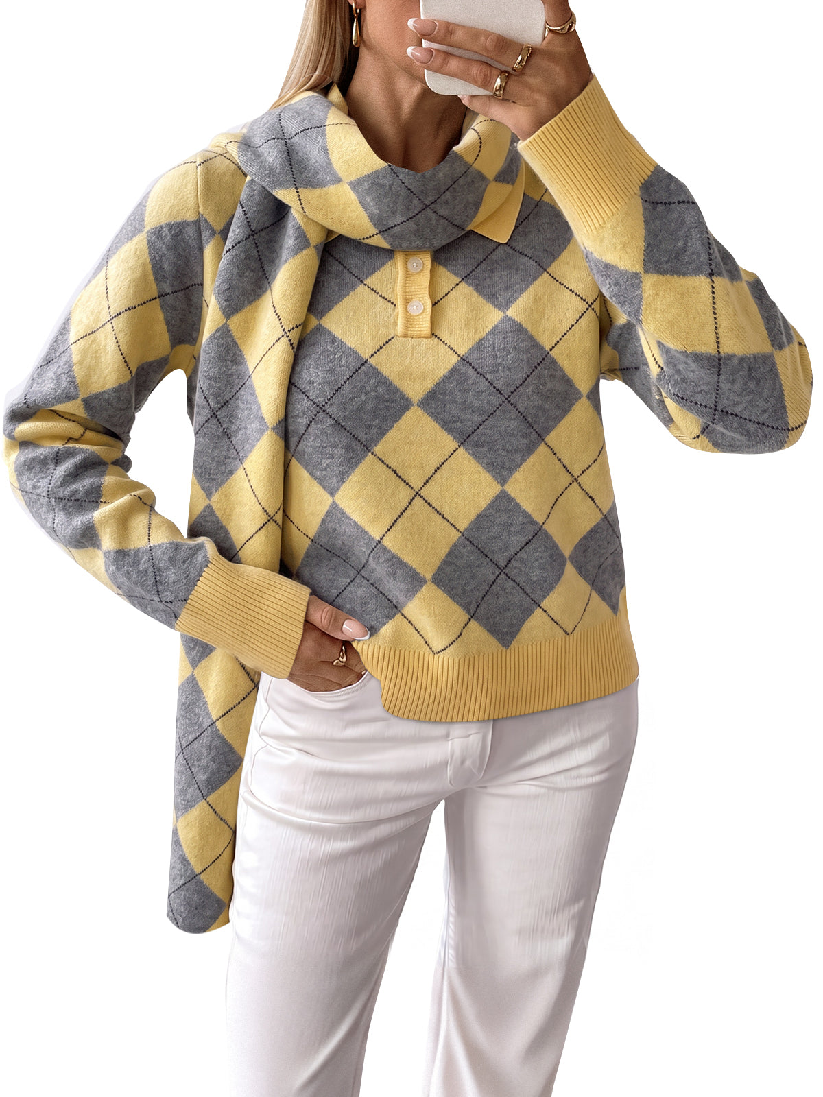 usvara Womens Argyle Color Block Polo Sweater