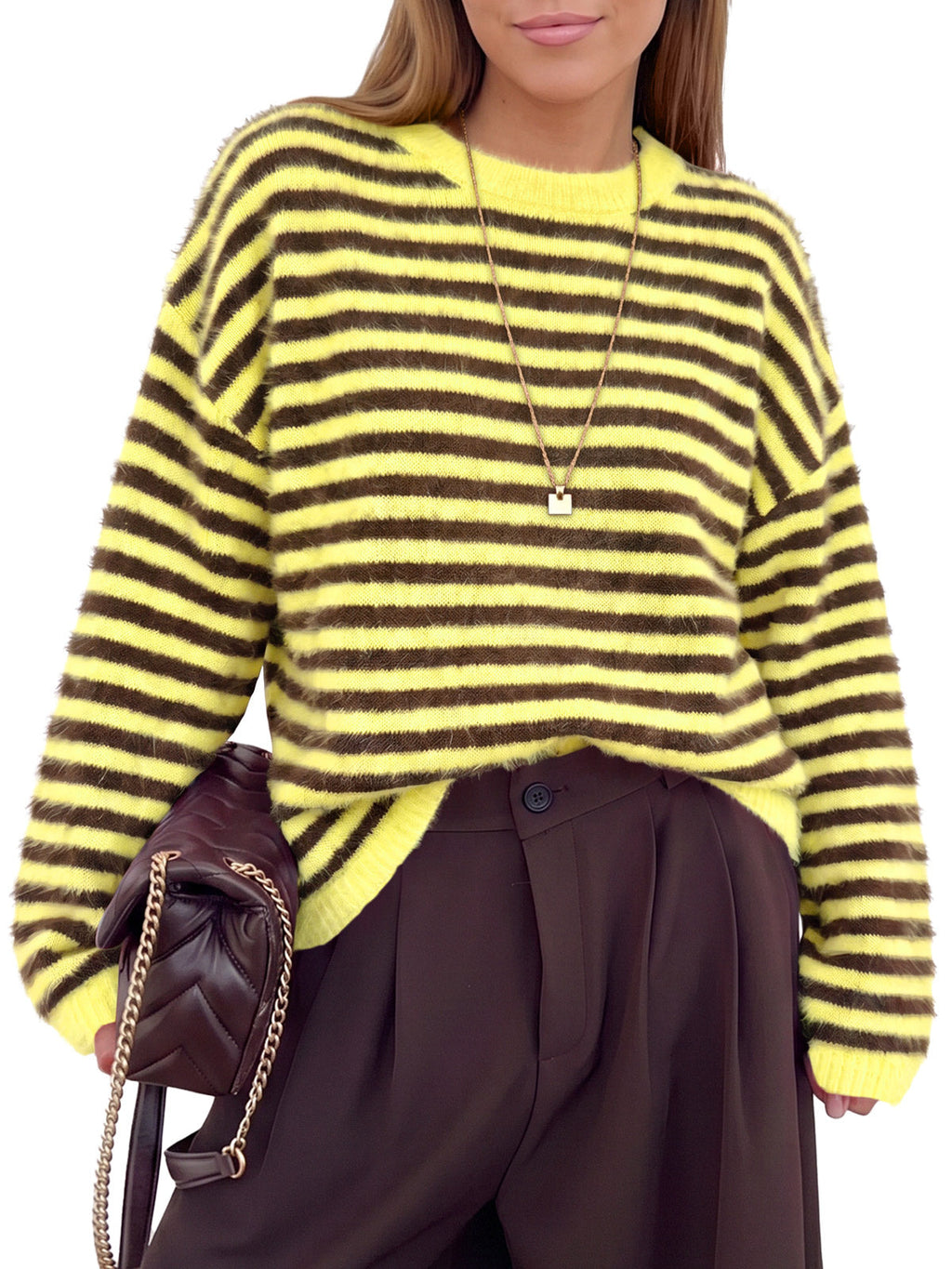 usvara Womens Fuzzy Crew Neck Striped Sweaters