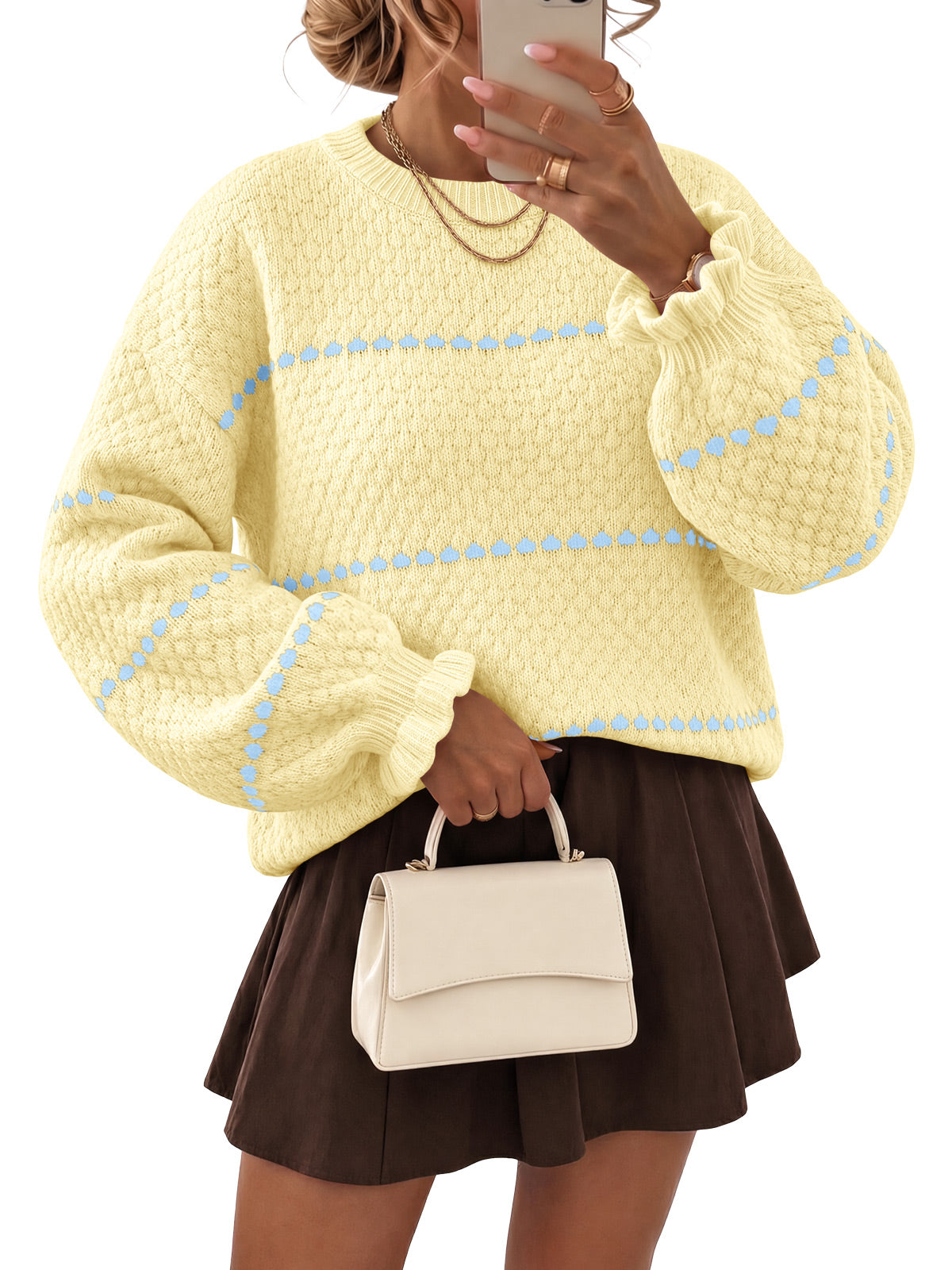 usvara Womens Heart Striped Ruffle Sweaters