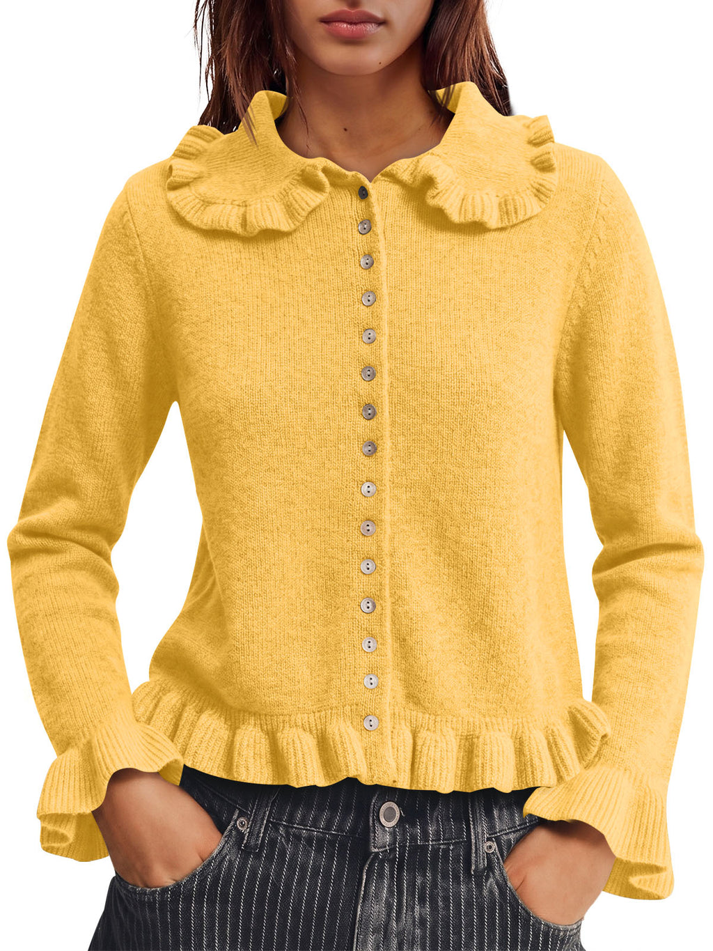 usvara Womens Ruffle Button Down Cardigan