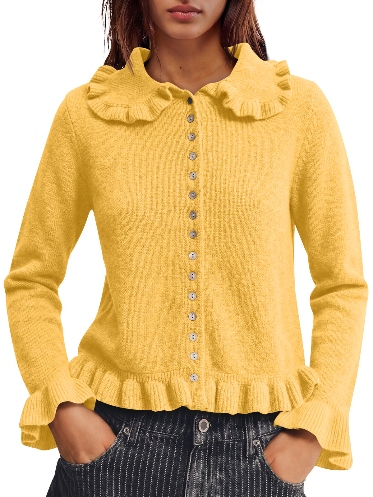 usvara Womens Ruffle Button Down Cardigan