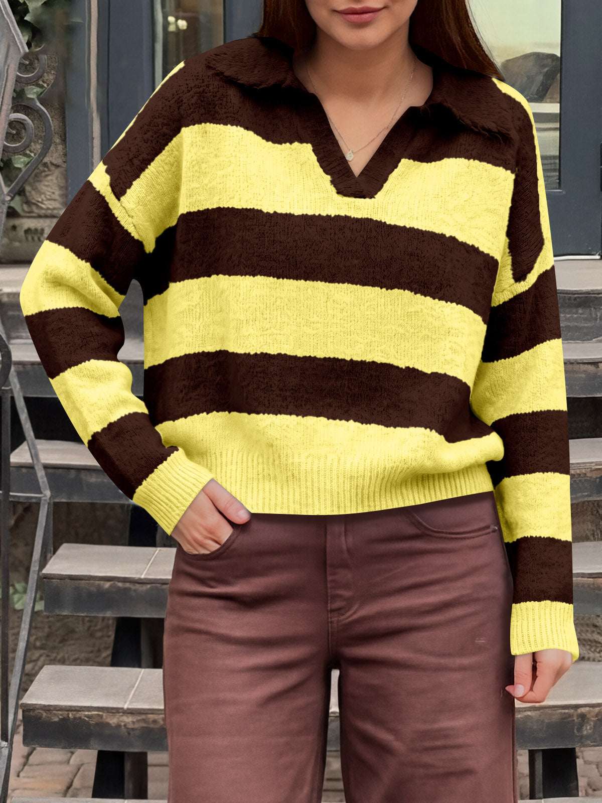 usvara Womens Striped Polo V Neck Sweaters