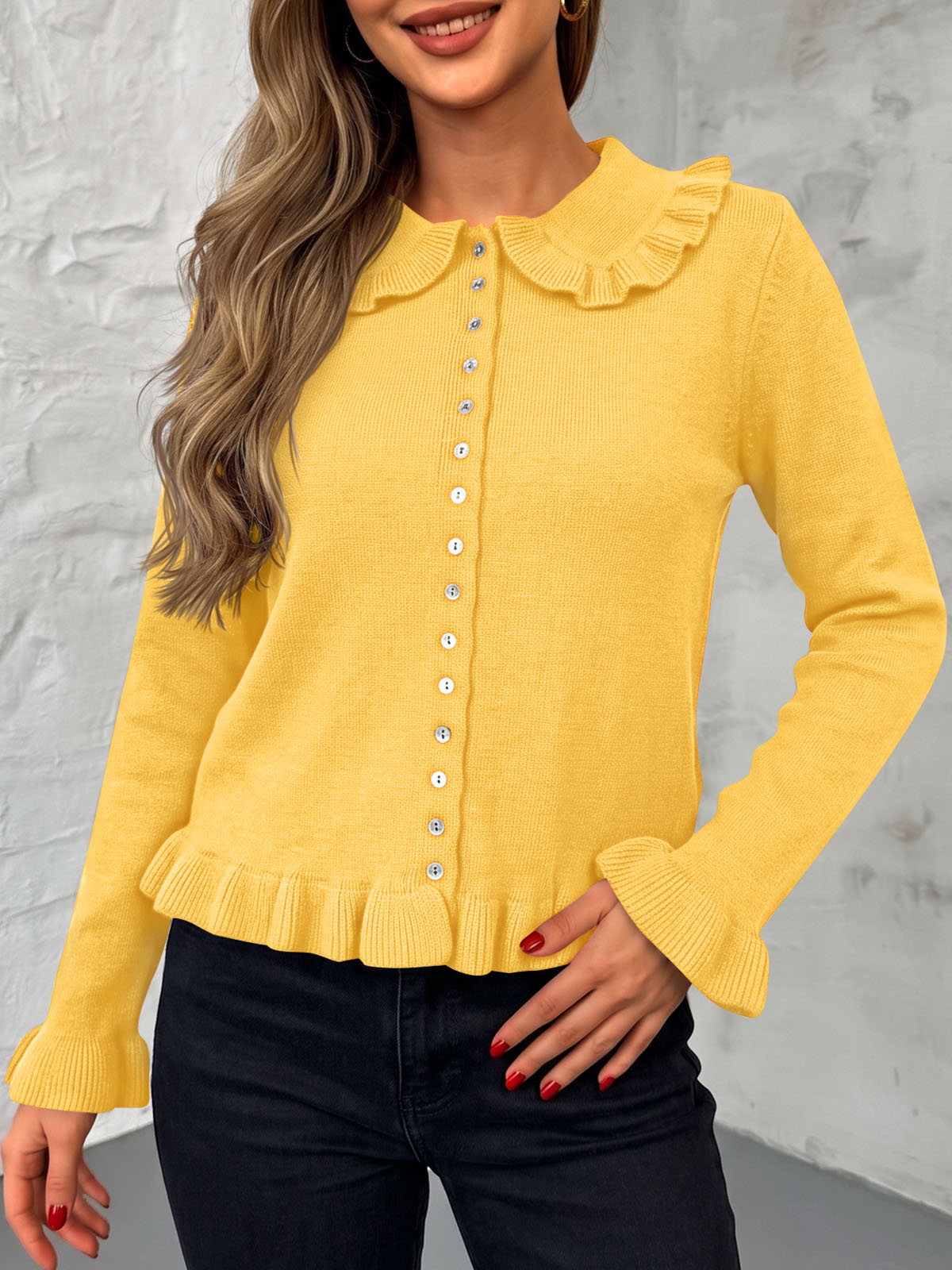 usvara Womens Ruffle Button Down Cardigan