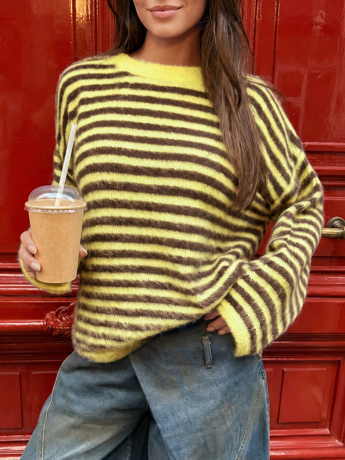 usvara Womens Fuzzy Crew Neck Striped Sweaters