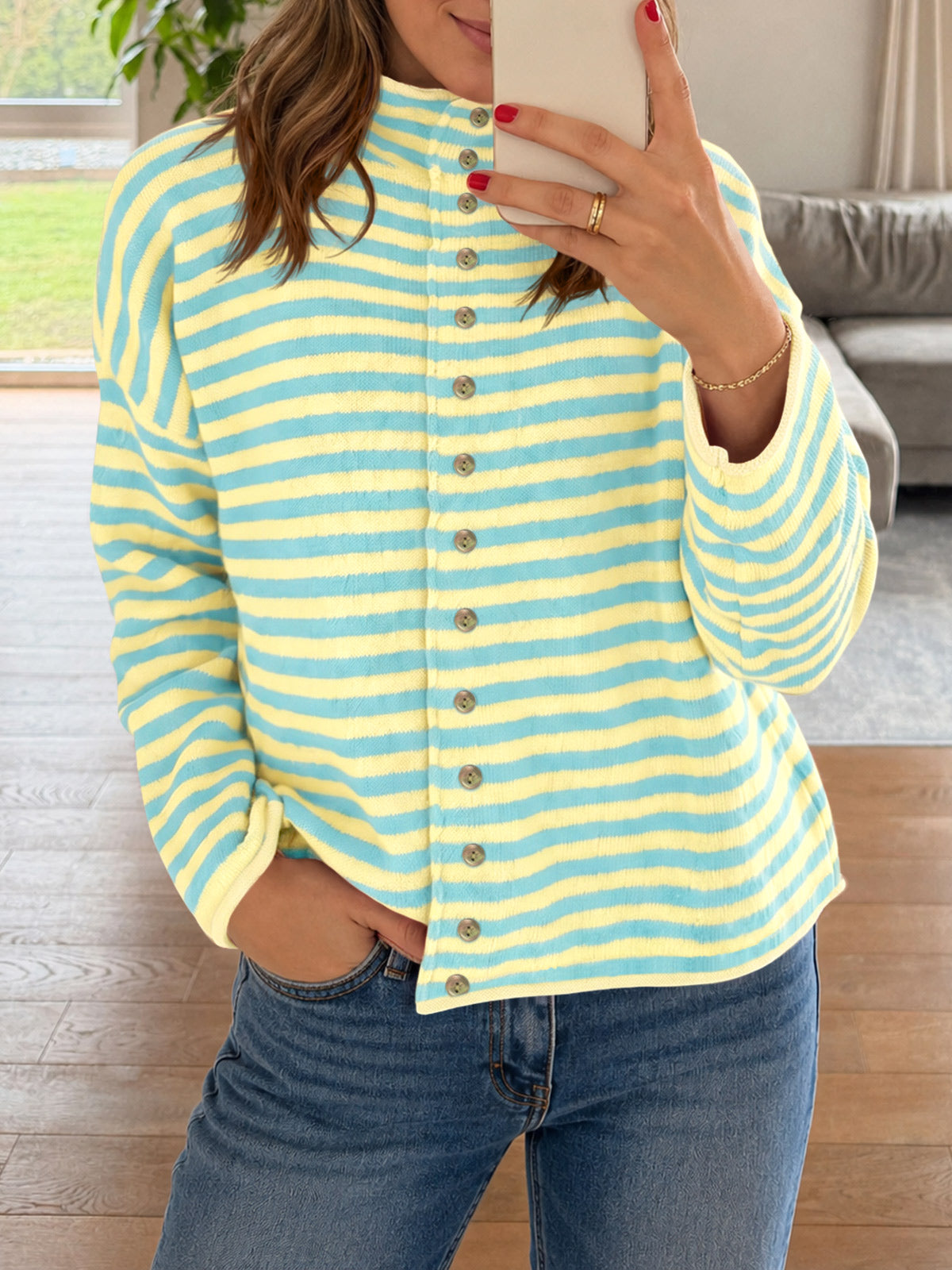 usvara Womens Striped Mock Neck Cardigan