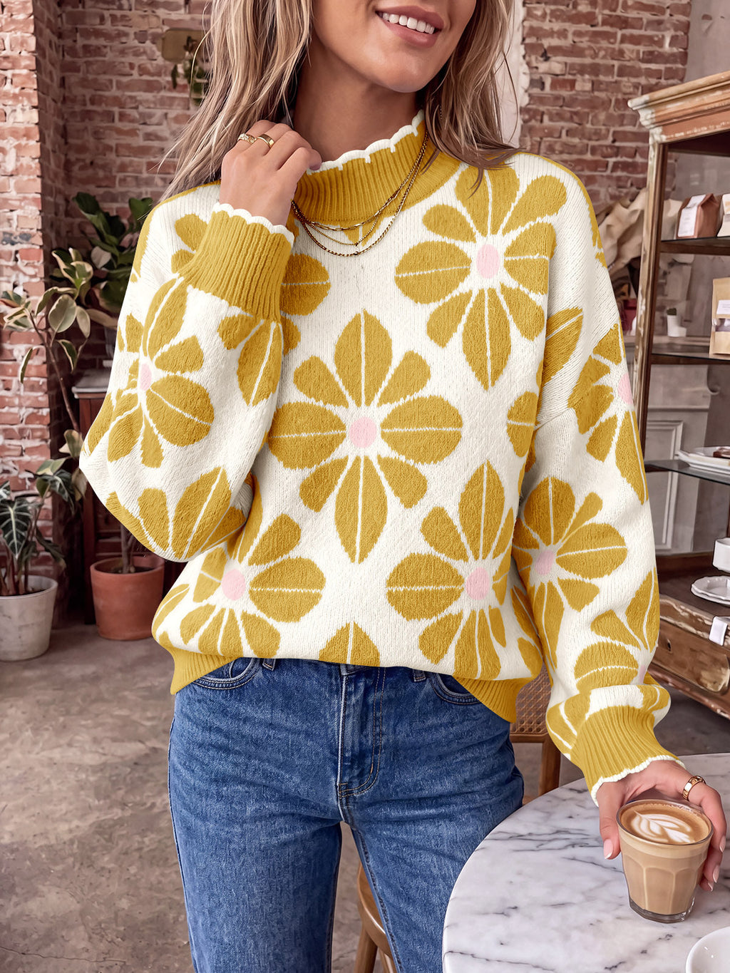 usvara Womens Mock Neck Floral Knit Sweater