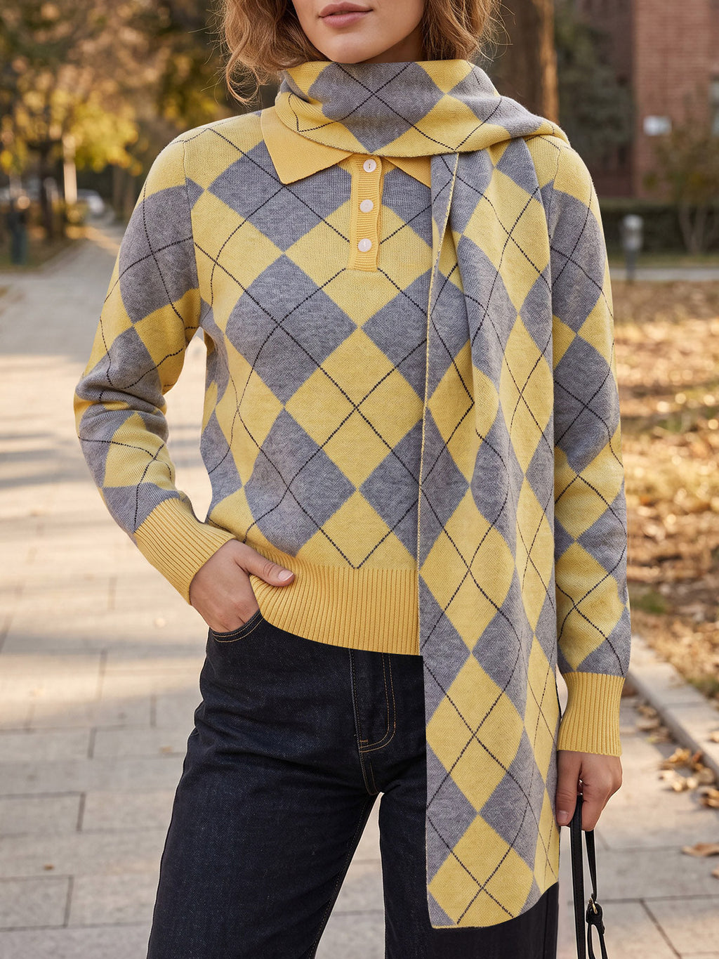 usvara Womens Argyle Color Block Polo Sweater