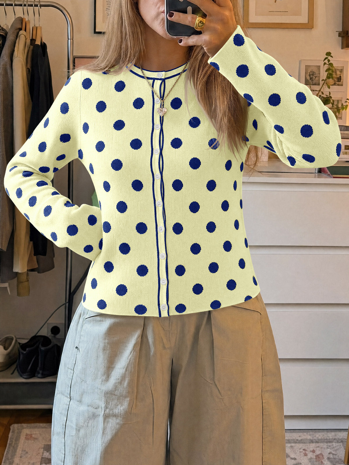 usvara Womens Polka Dot Button Up Cardigan