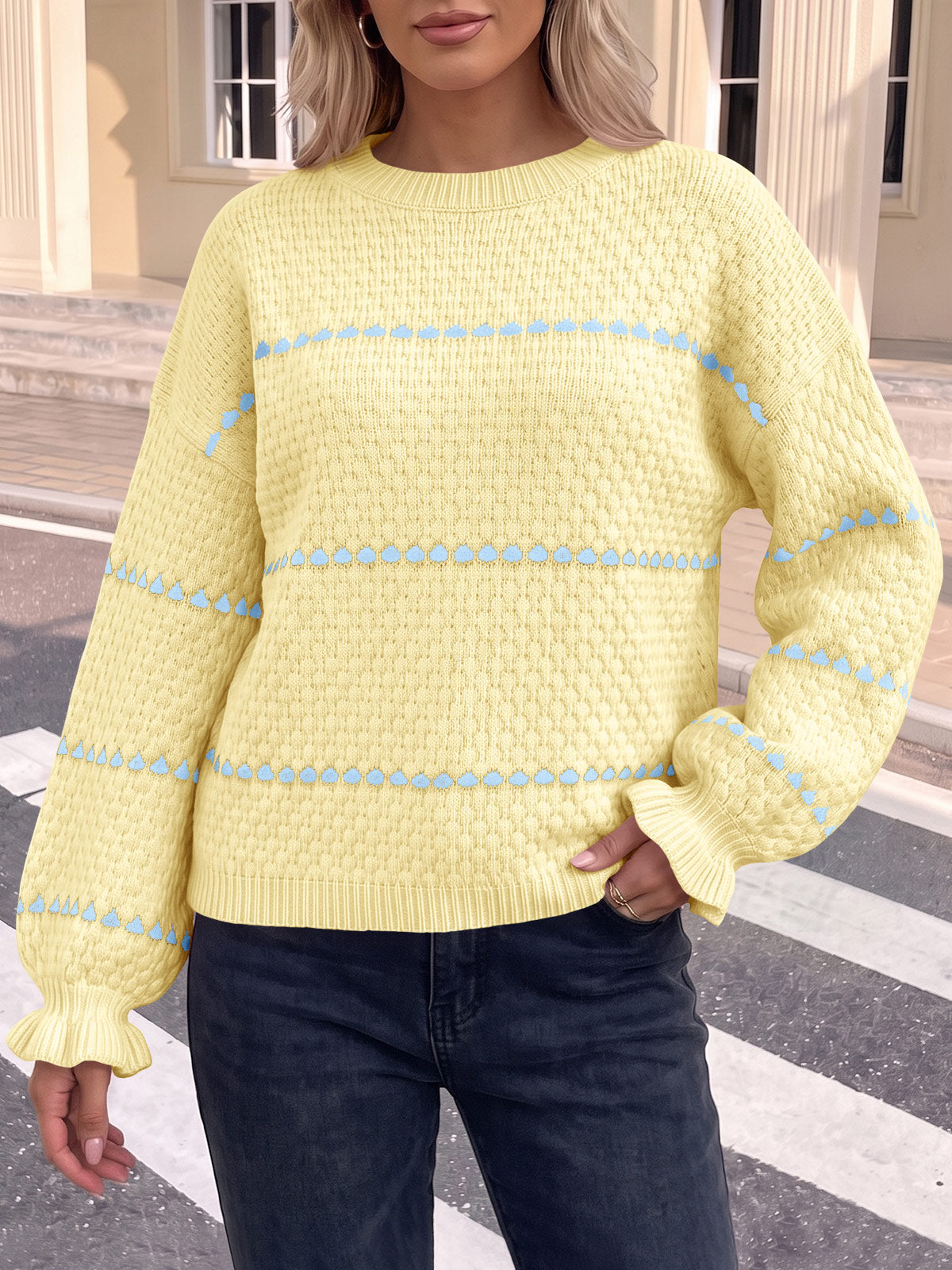 usvara Womens Heart Striped Ruffle Sweaters