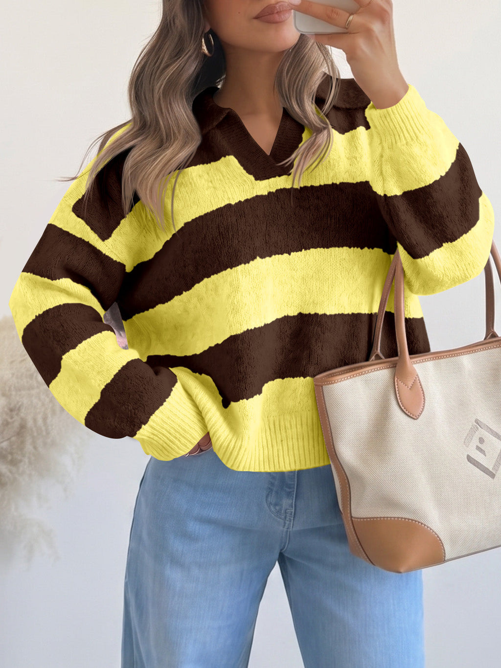 usvara Womens Striped Polo V Neck Sweaters