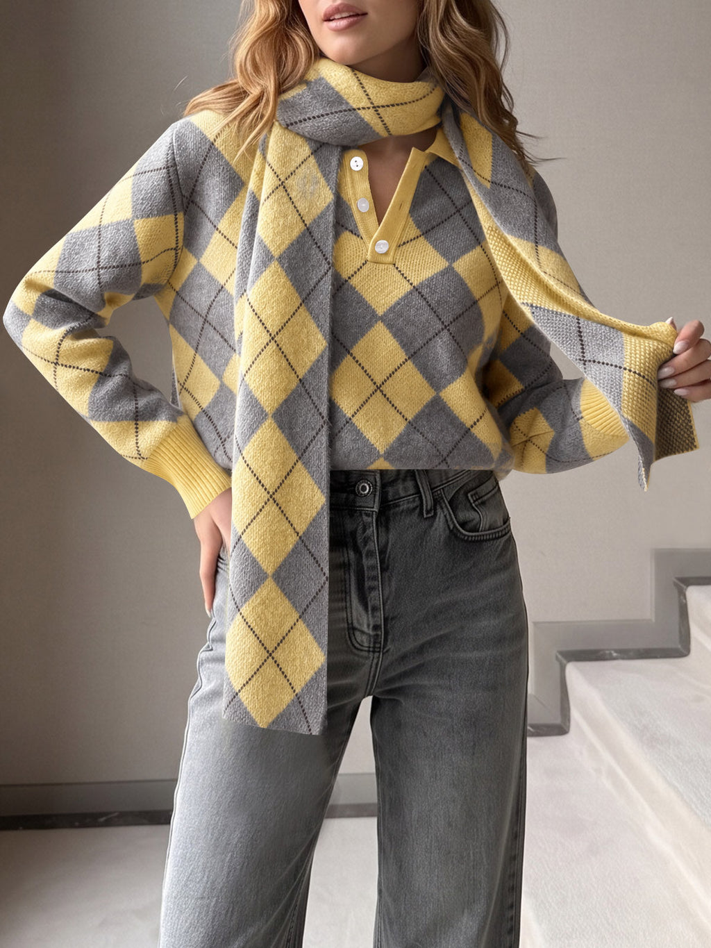 usvara Womens Argyle Color Block Polo Sweater