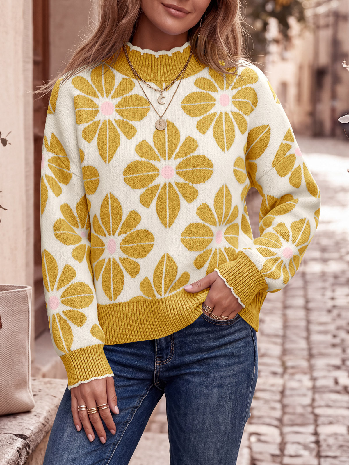 usvara Womens Mock Neck Floral Knit Sweater