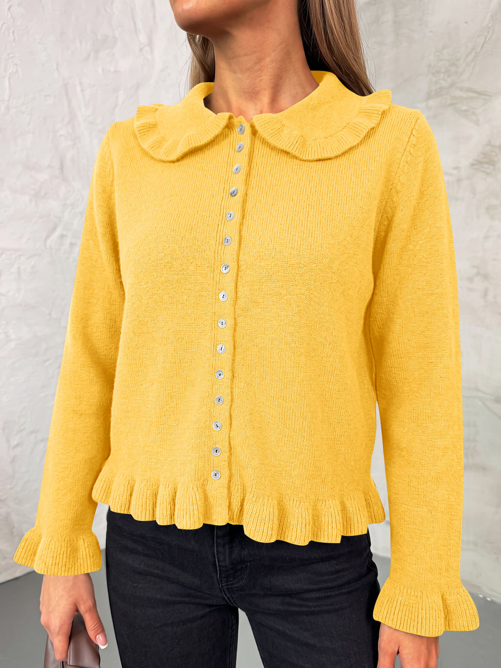 usvara Womens Ruffle Button Down Cardigan
