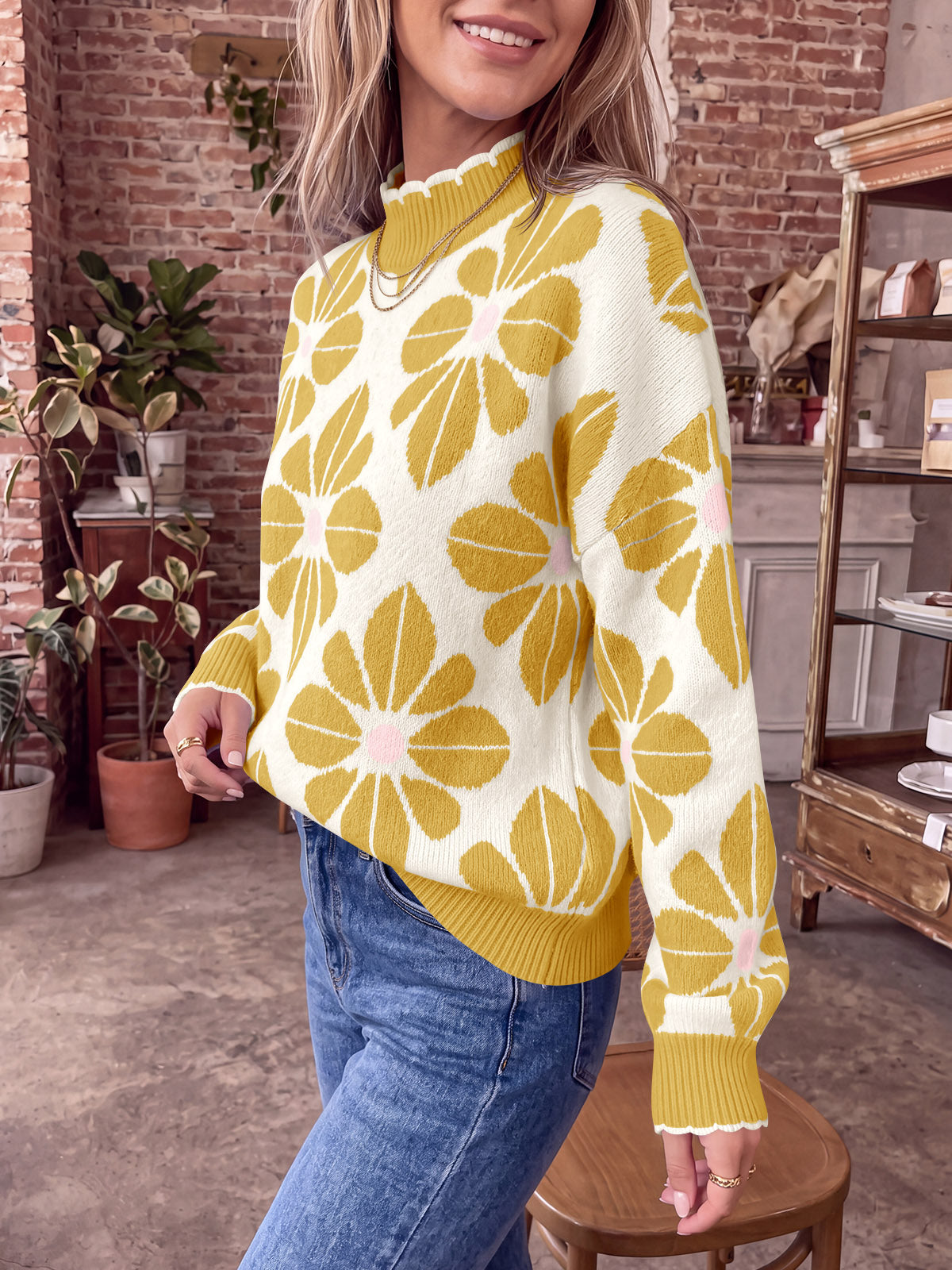 usvara Womens Mock Neck Floral Knit Sweater