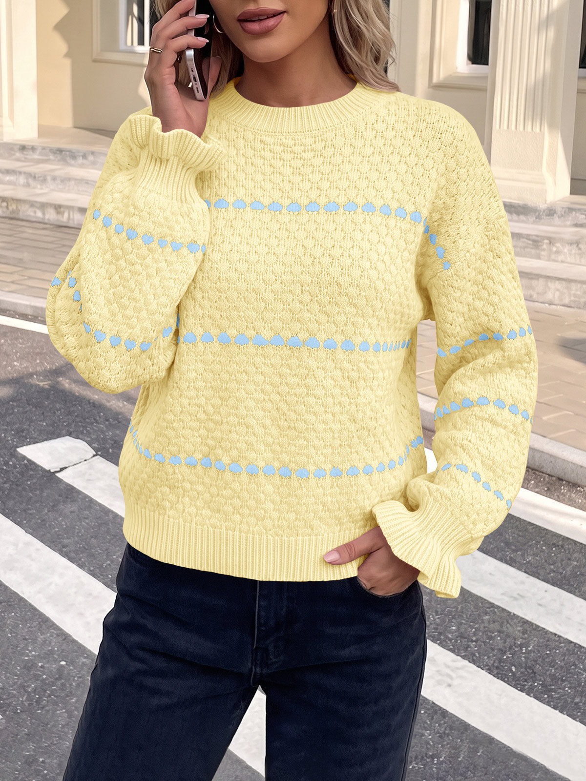 usvara Womens Heart Striped Ruffle Sweaters