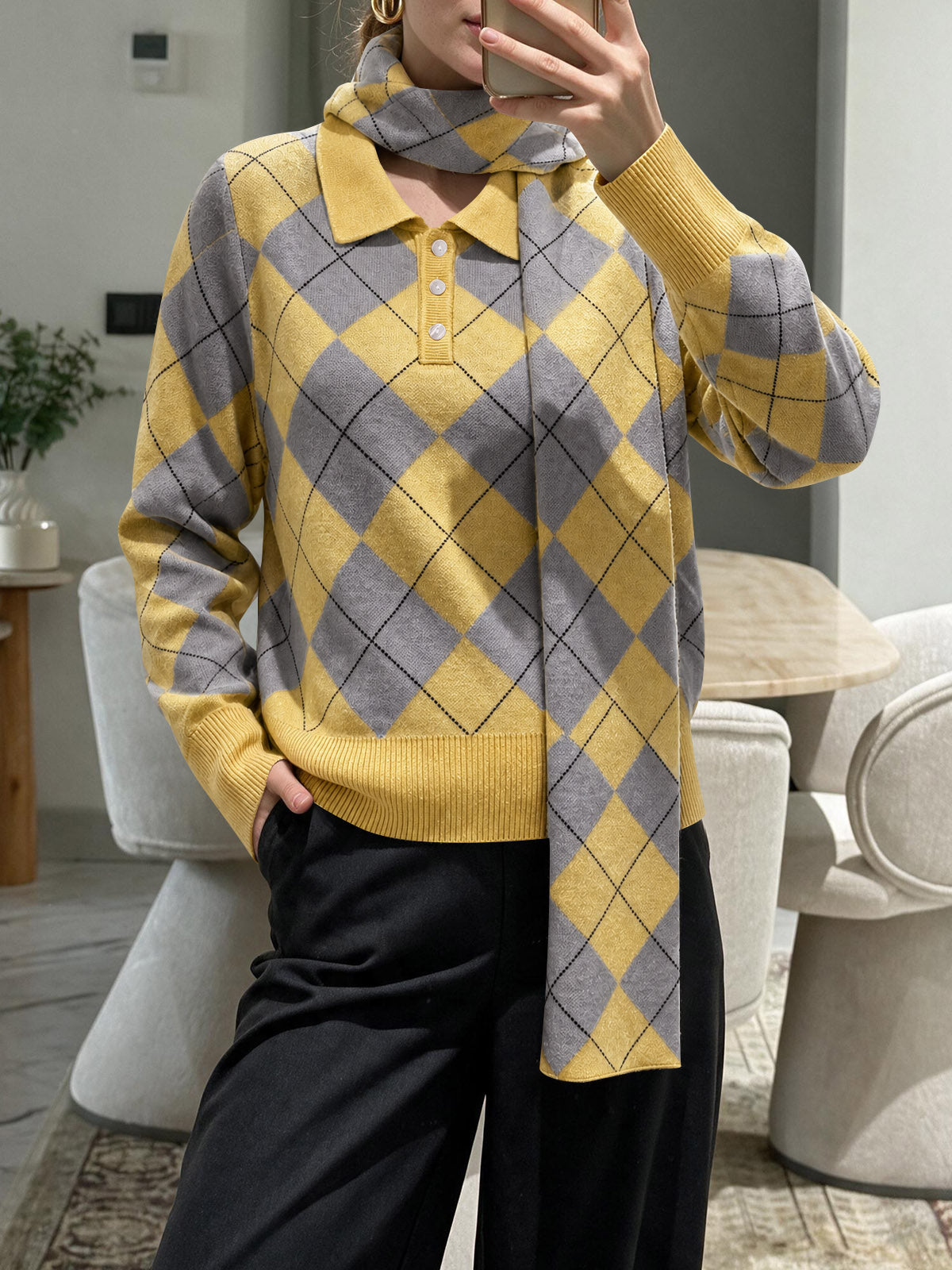 usvara Womens Argyle Color Block Polo Sweater