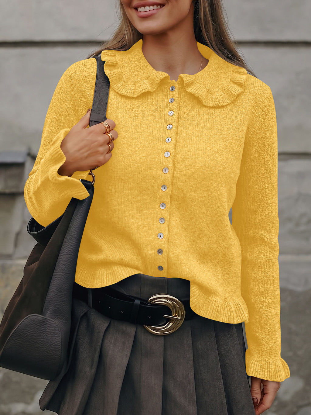 usvara Womens Ruffle Button Down Cardigan