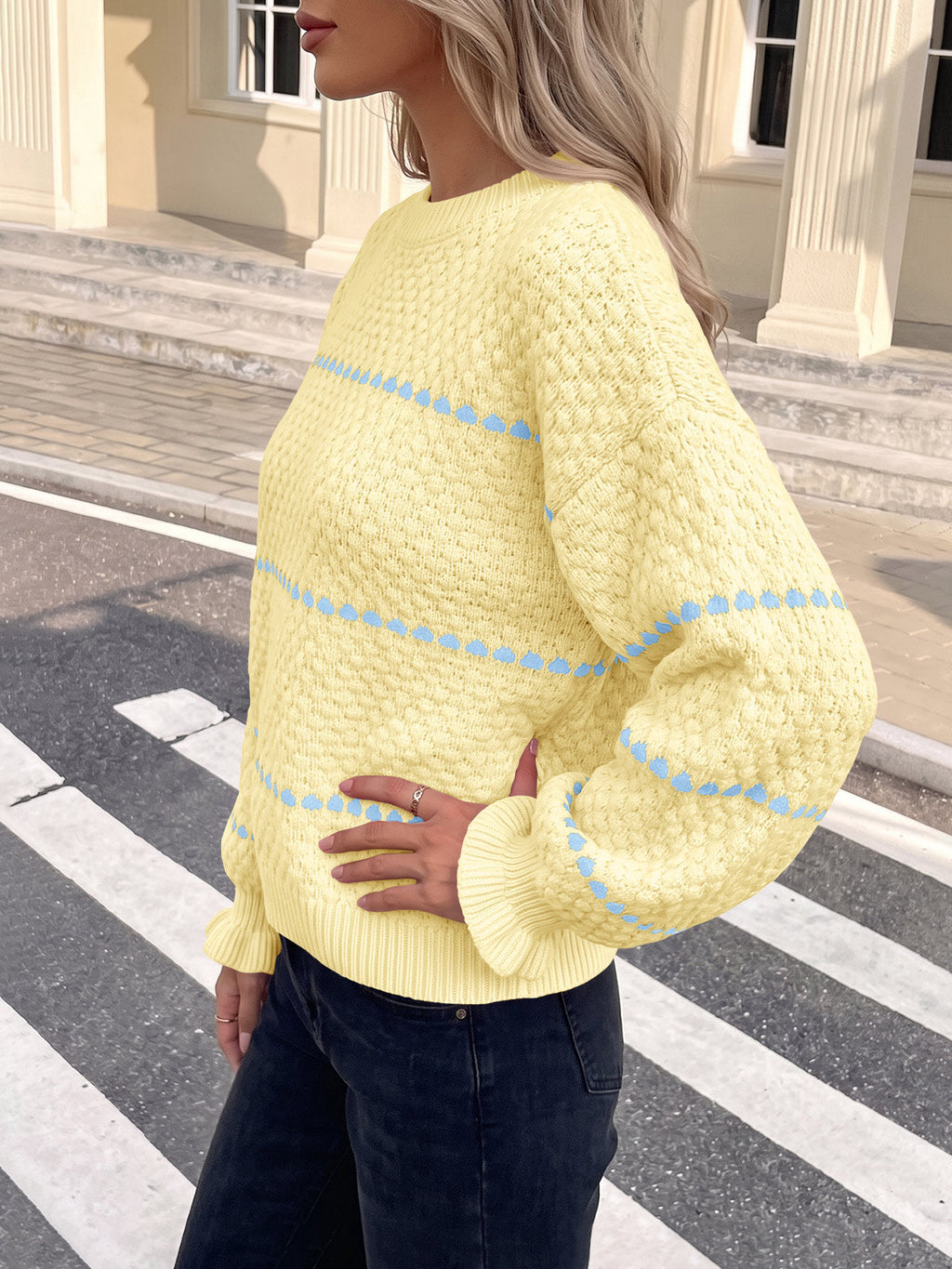 usvara Womens Heart Striped Ruffle Sweaters