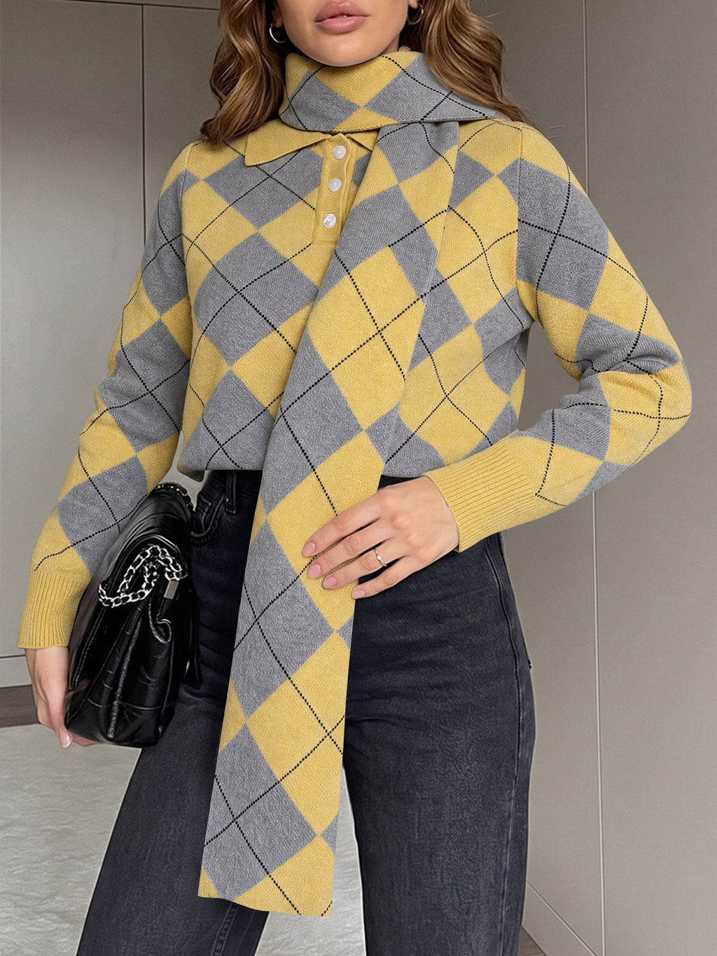usvara Womens Argyle Color Block Polo Sweater