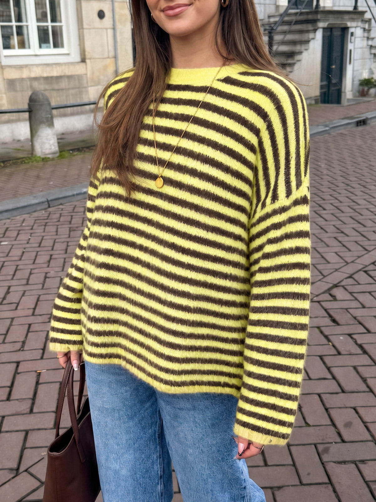 usvara Womens Fuzzy Crew Neck Striped Sweaters