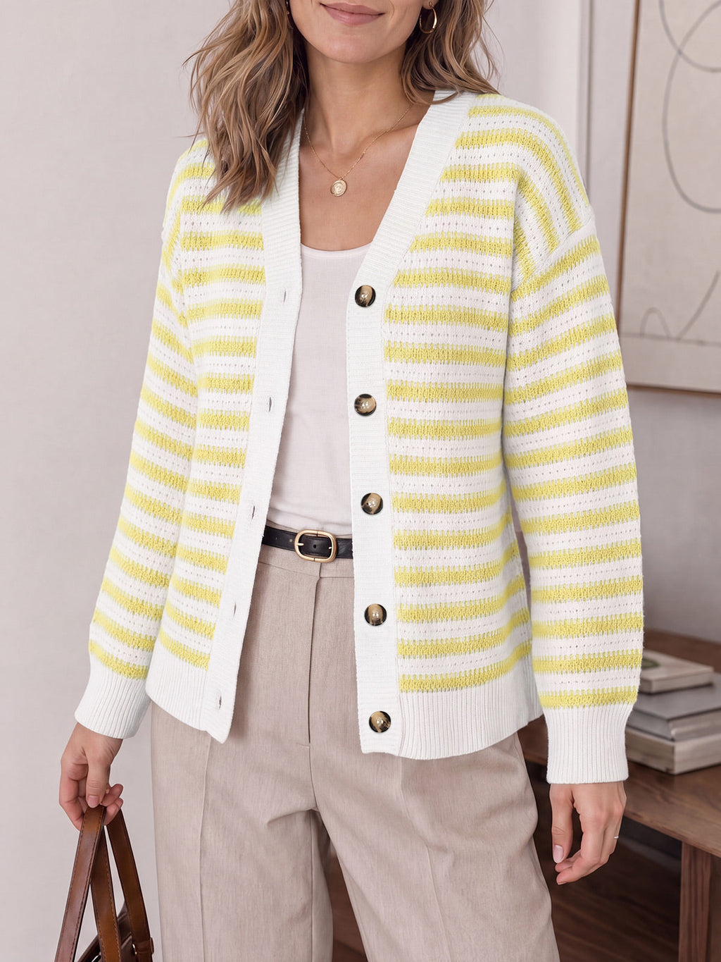 usvara Womens Striped V Neck Cardigan