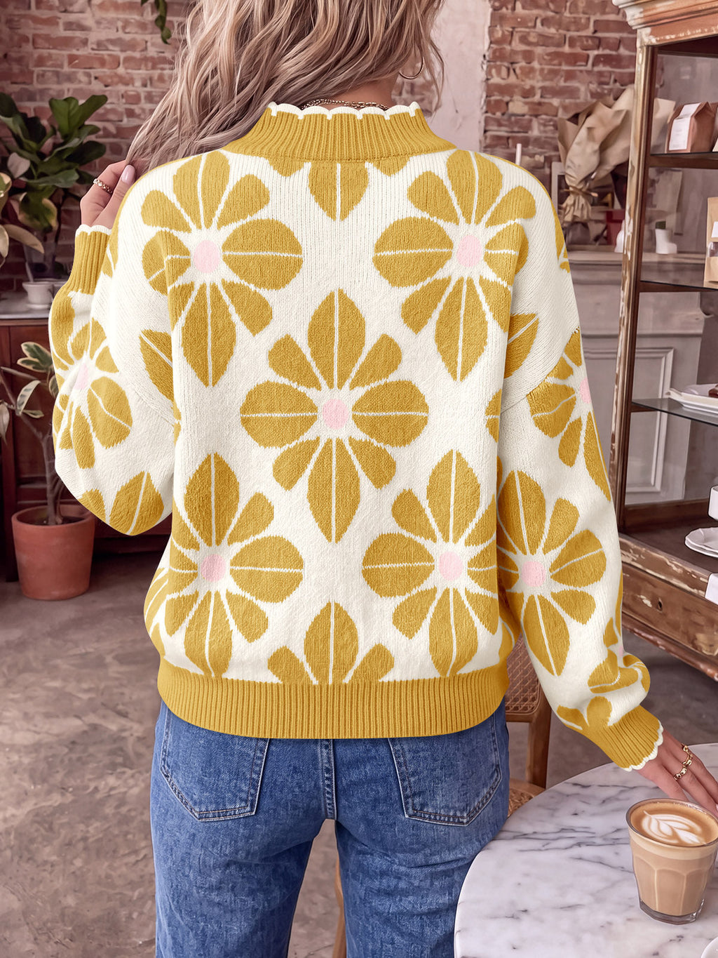 usvara Womens Mock Neck Floral Knit Sweater