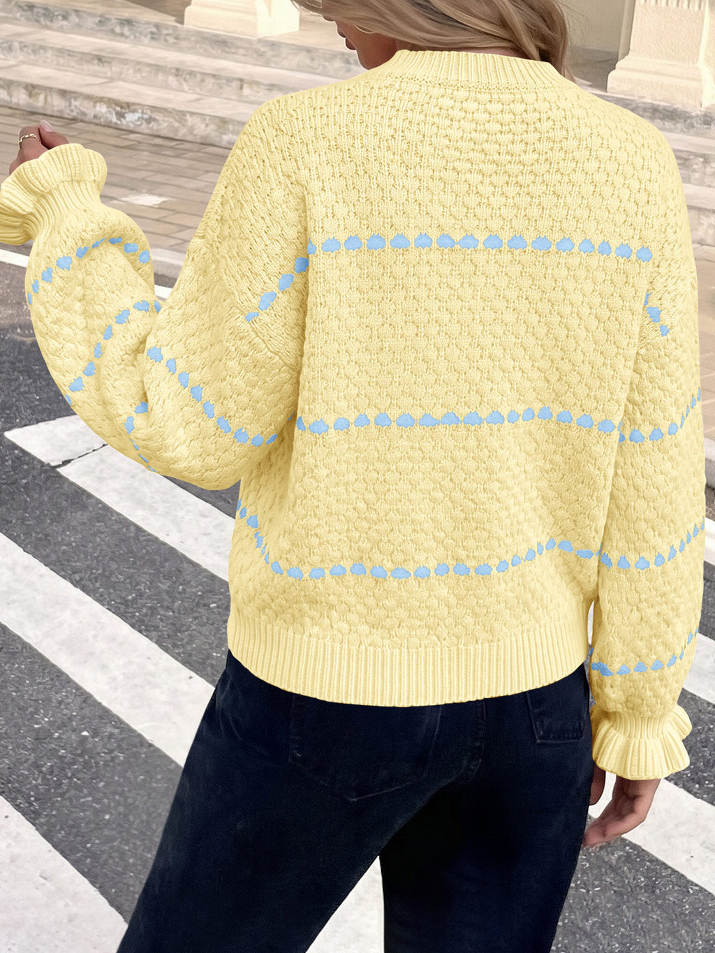 usvara Womens Heart Striped Ruffle Sweaters
