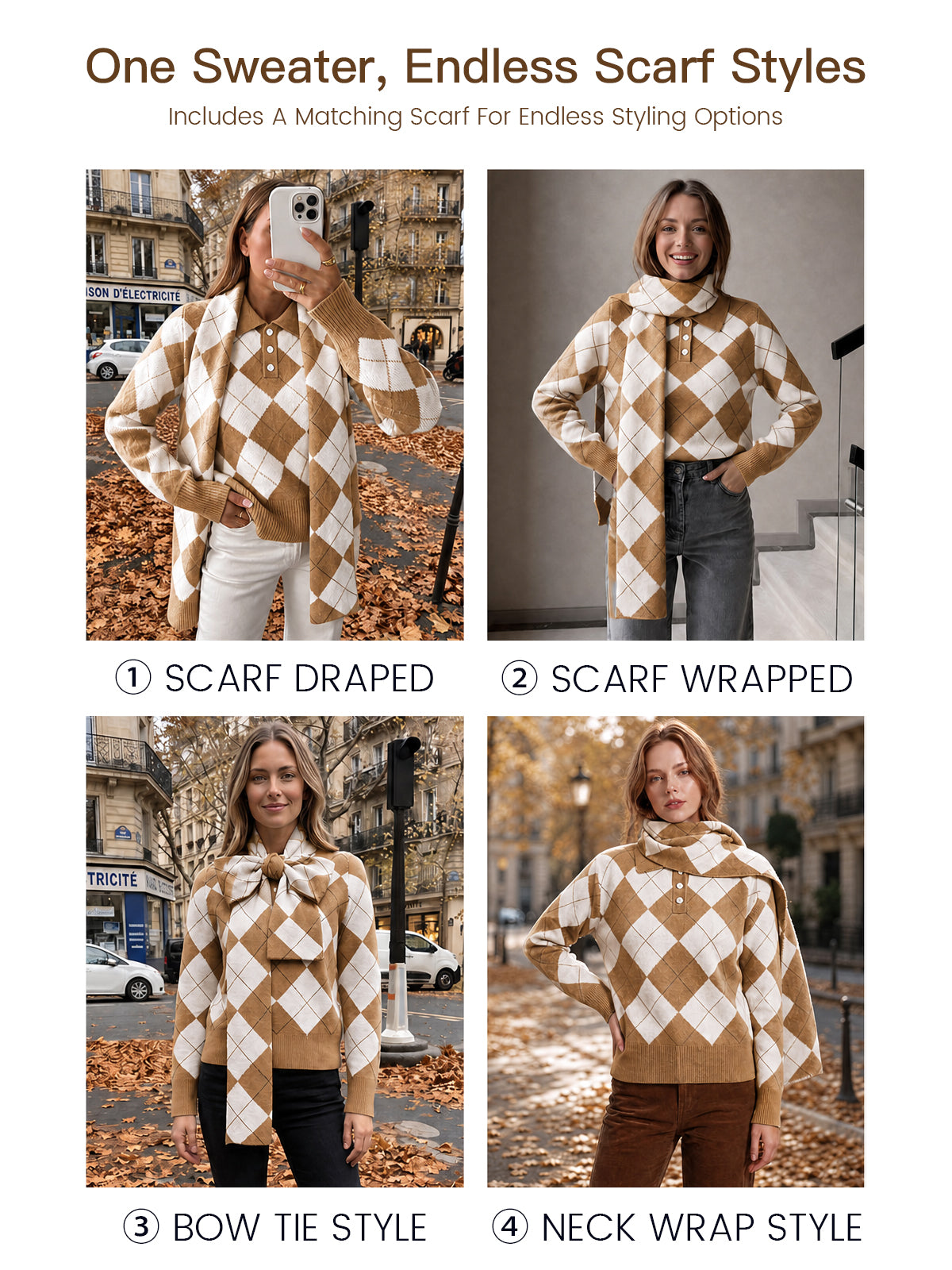 usvara Womens Argyle Color Block Polo Sweater
