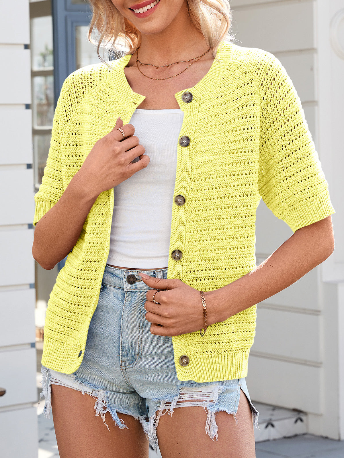 usvara Womens Crochet Short Sleeve Button Down Cardigan