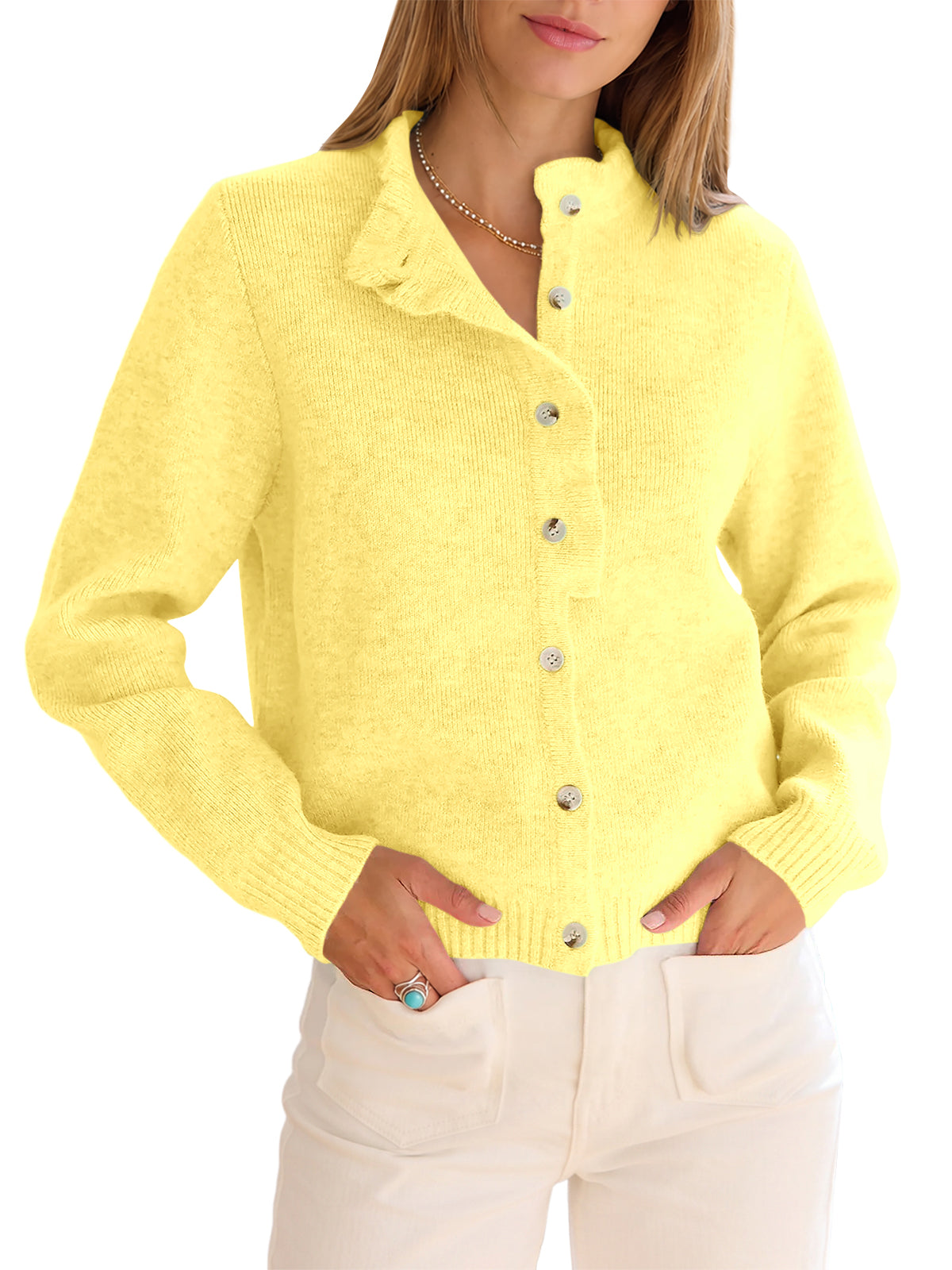 usvara Women Ruffle Mock Neck Knit Cardigan