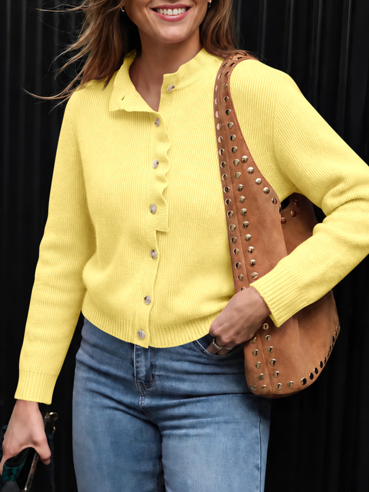 usvara Women Ruffle Mock Neck Knit Cardigan