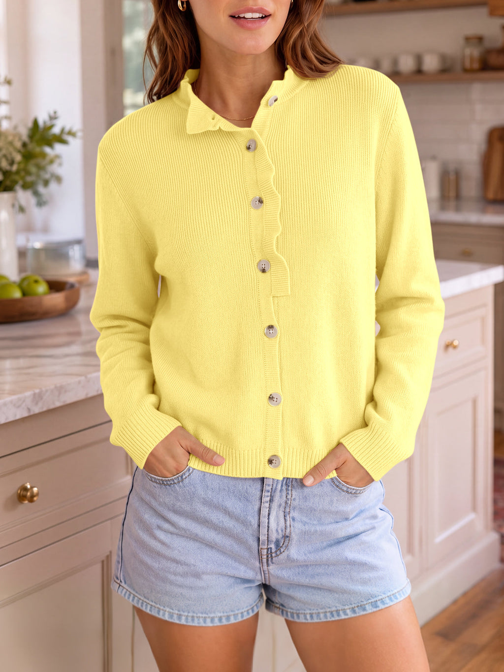 usvara Women Ruffle Mock Neck Knit Cardigan