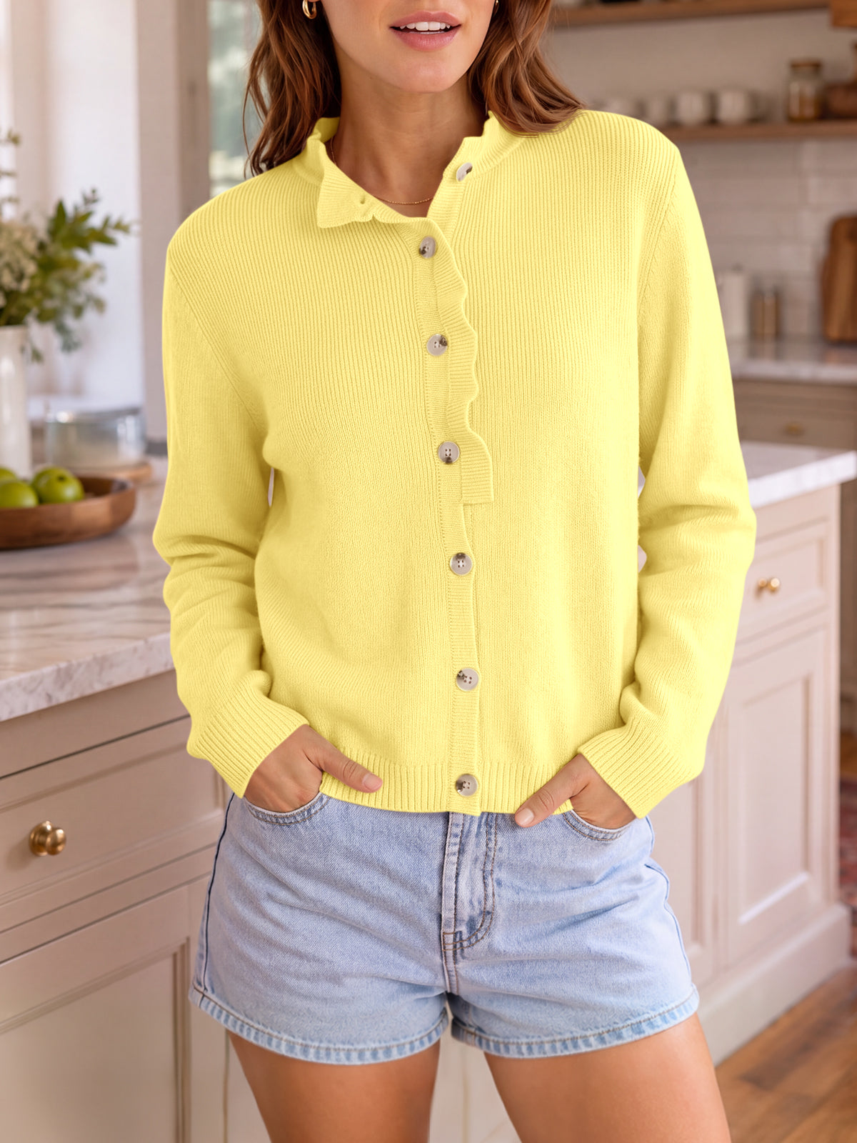 usvara Women Ruffle Mock Neck Knit Cardigan