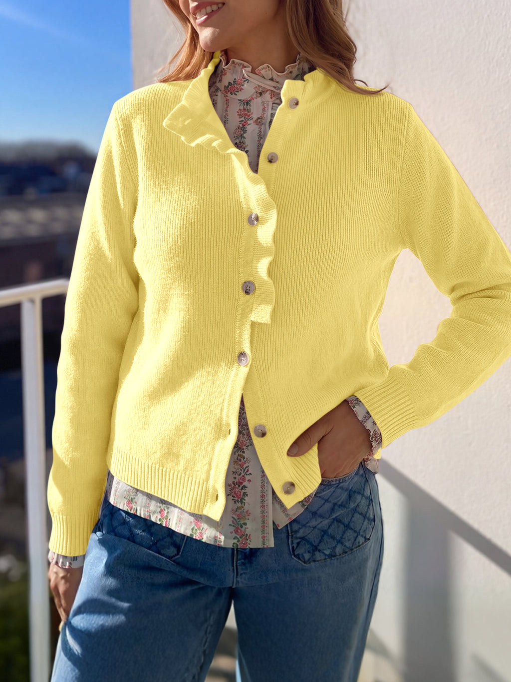 usvara Women Ruffle Mock Neck Knit Cardigan