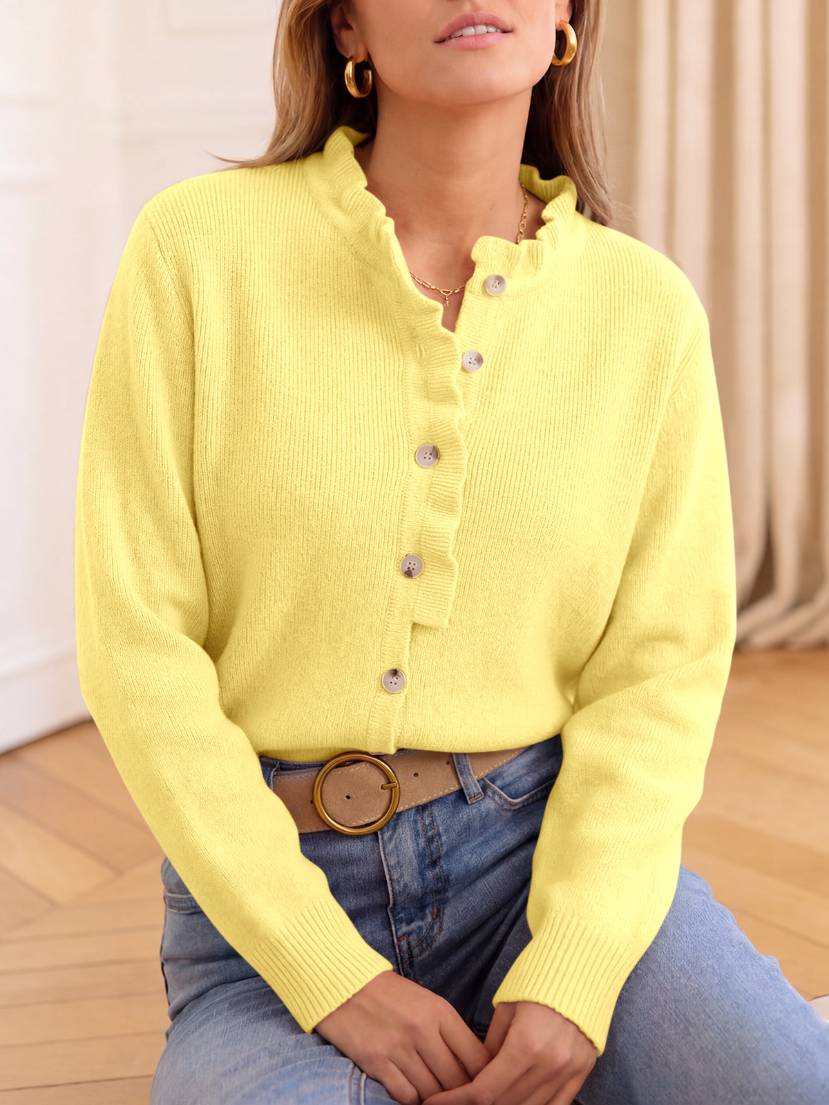 usvara Women Ruffle Mock Neck Knit Cardigan