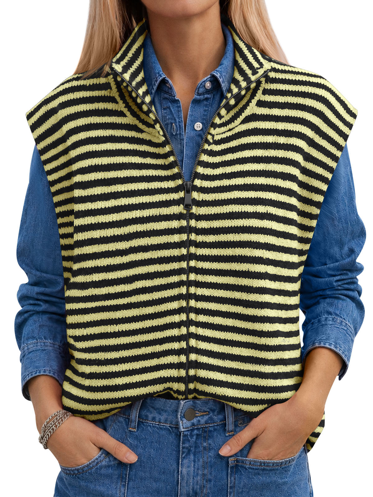usvara Women Striped Zip Up Knit Cardigan