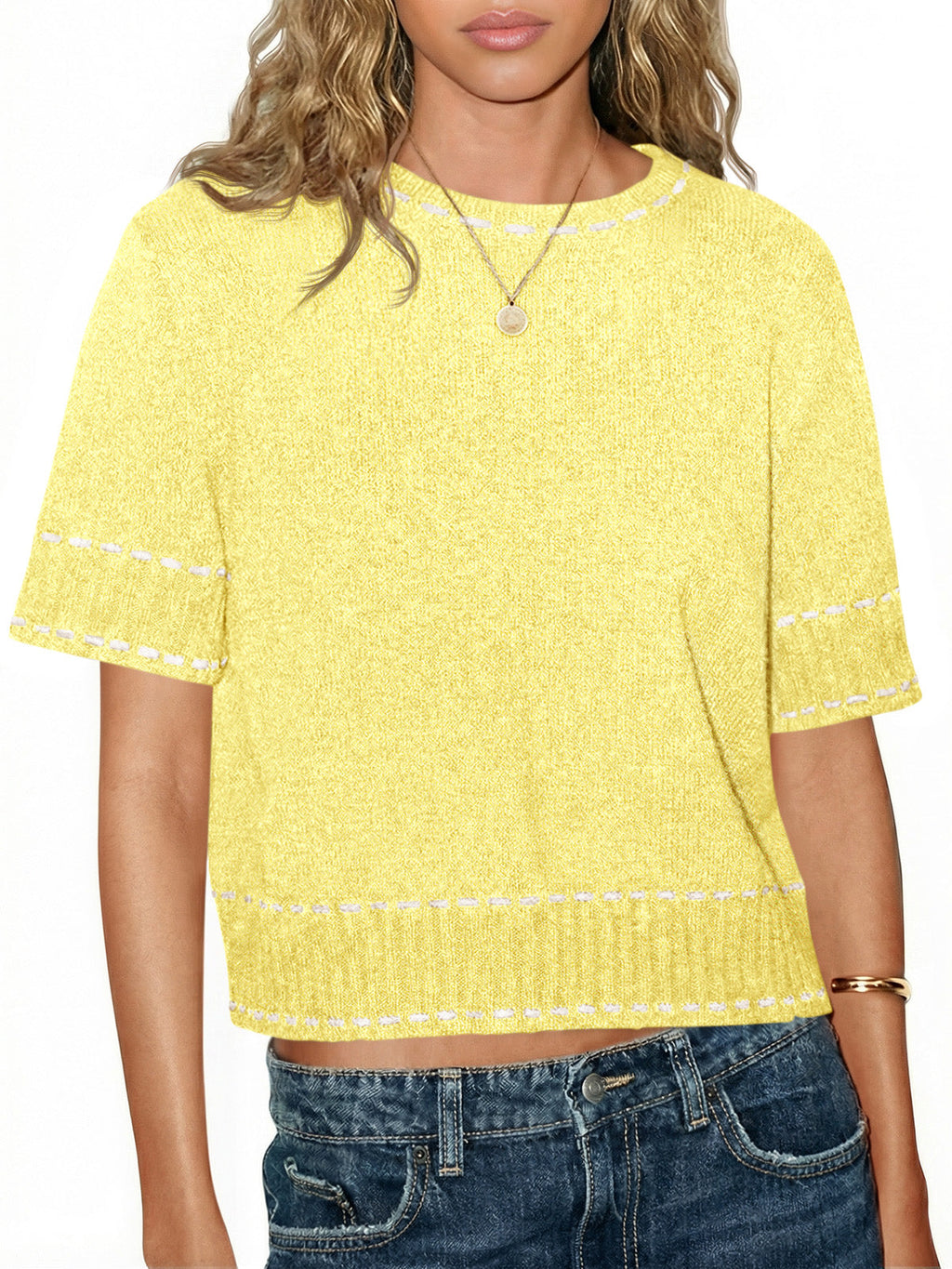 usvara Womens Cropped Crew Neck Knit Sweater